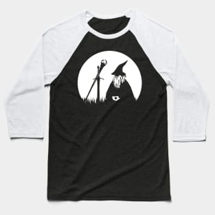 Moon Meditating Wizard - Minimalist Black and White Fantasy Silhouette Baseball T-Shirt